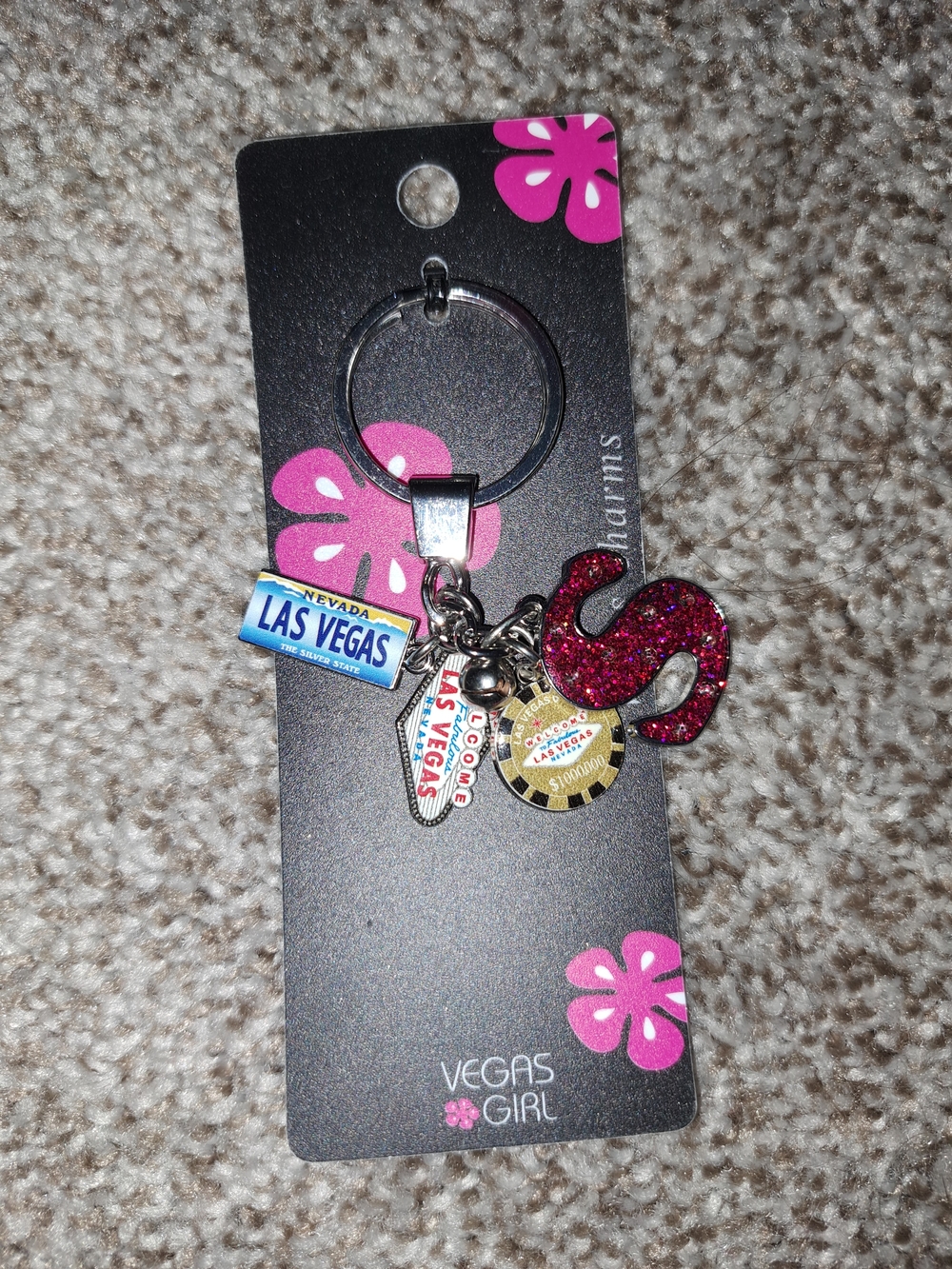 Pink Glitter 'S' Las Vegas Charm Keychain